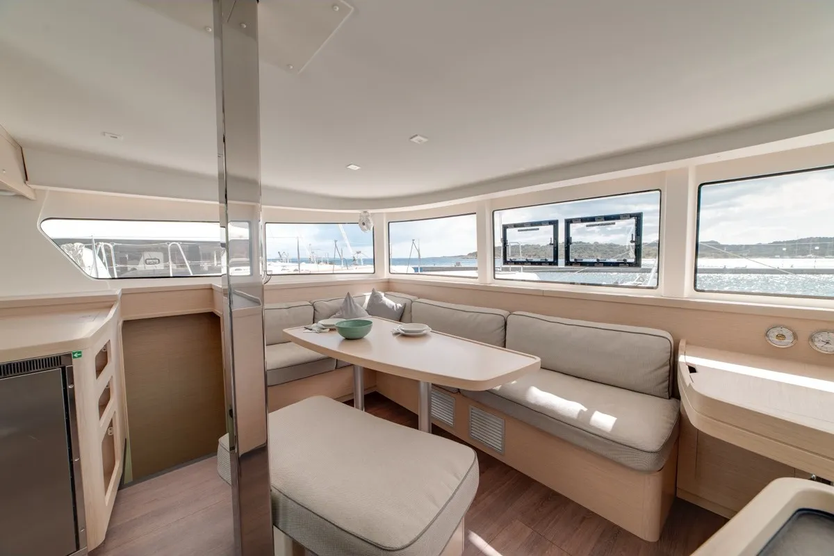 Salon of Arca 42, a Lagoon 42 catamaran at Olbia, Italy