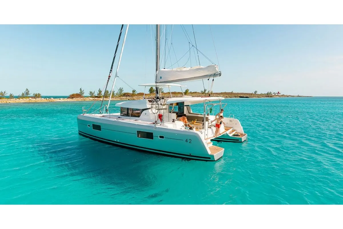Exterior view of Arca 42, a Lagoon 42 catamaran at Olbia, Italy