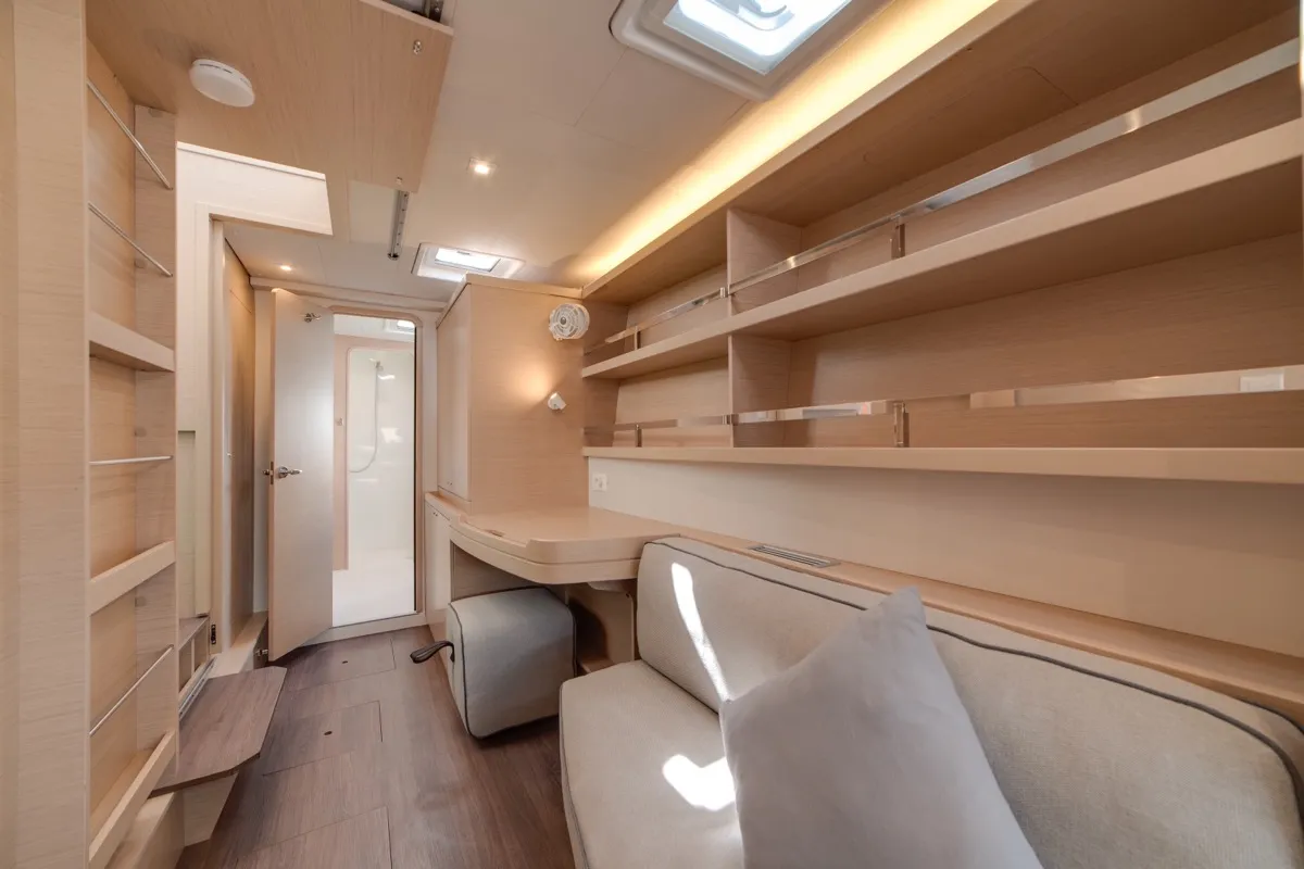Salon of Arca 42, a Lagoon 42 catamaran at Olbia, Italy