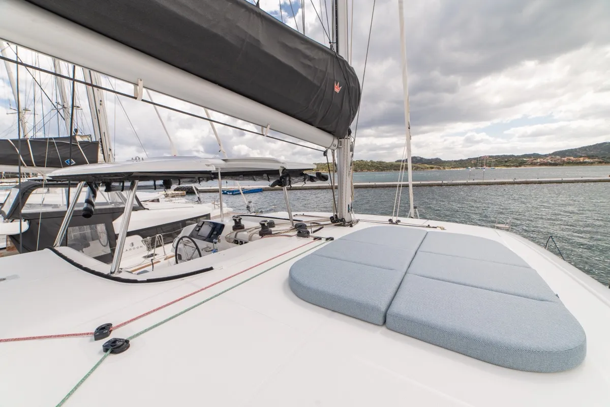Deck of Arca 42, a Lagoon 42 catamaran at Olbia, Italy