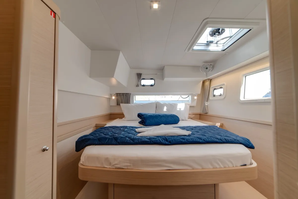 Cabin on Arca 42, a Lagoon 42 catamaran at Olbia, Italy