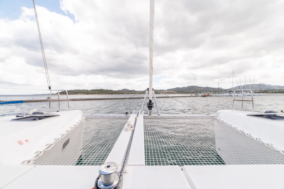 Deck of Arca 42, a Lagoon 42 catamaran at Olbia, Italy
