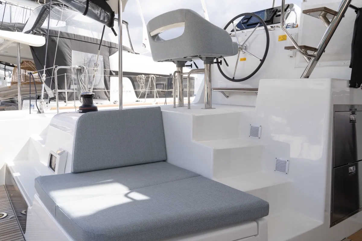 Cockpit of Arca 42, a Lagoon 42 catamaran at Olbia, Italy