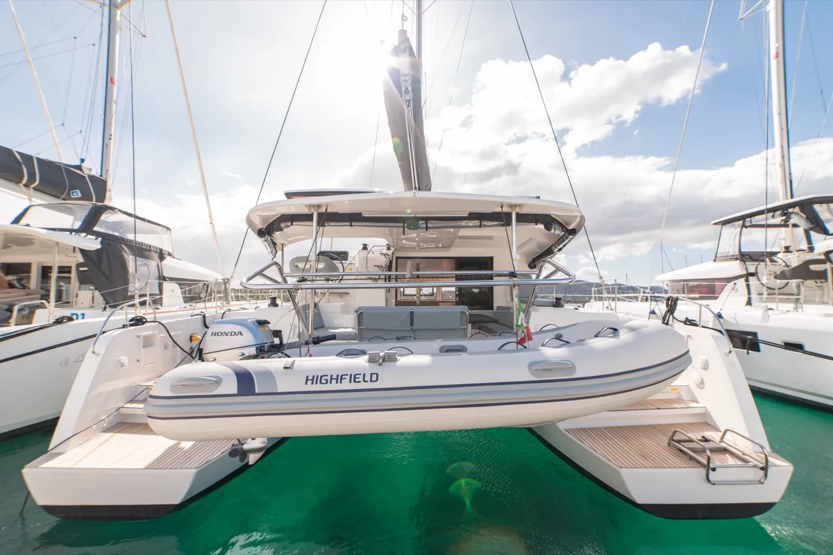 Exterior view of Arca 42, a Lagoon 42 catamaran at Olbia, Italy