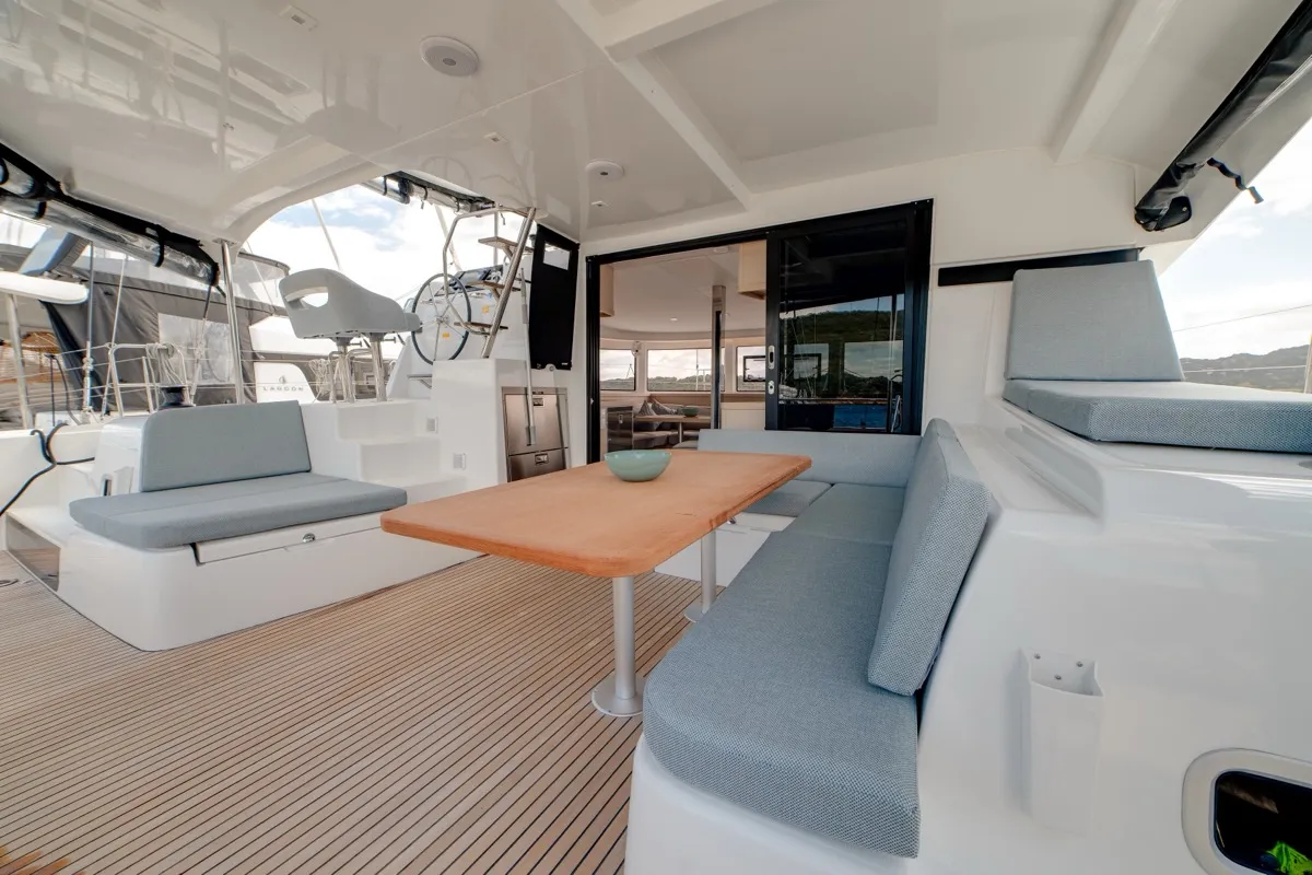 Deck of Arca 42, a Lagoon 42 catamaran at Olbia, Italy