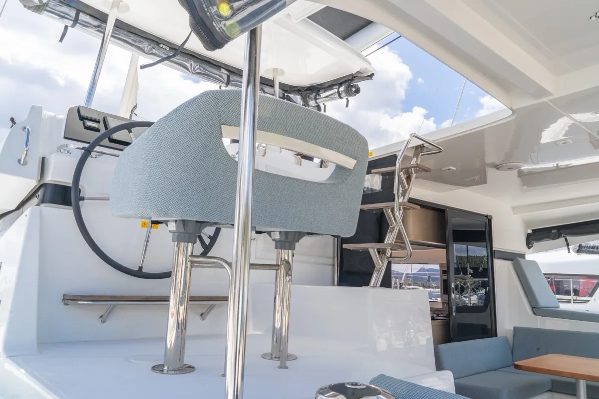 Cockpit of Arca 42, a Lagoon 42 catamaran at Olbia, Italy