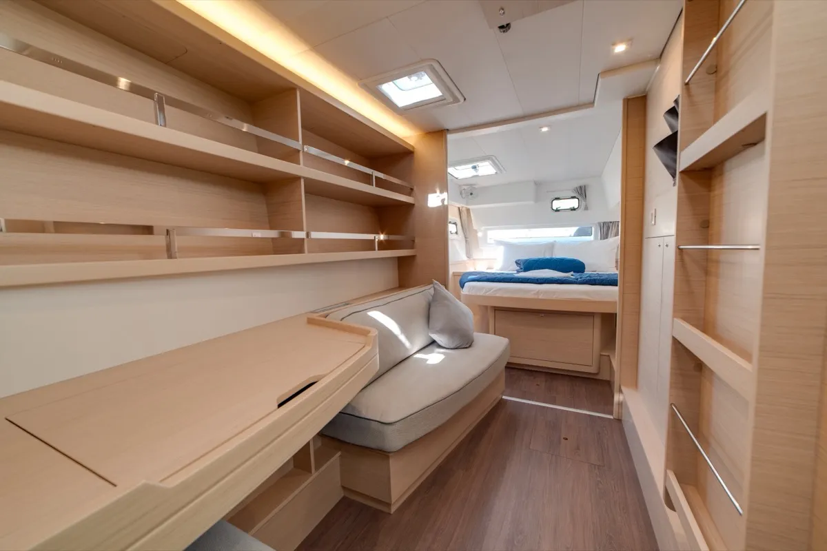 Salon of Arca 42, a Lagoon 42 catamaran at Olbia, Italy