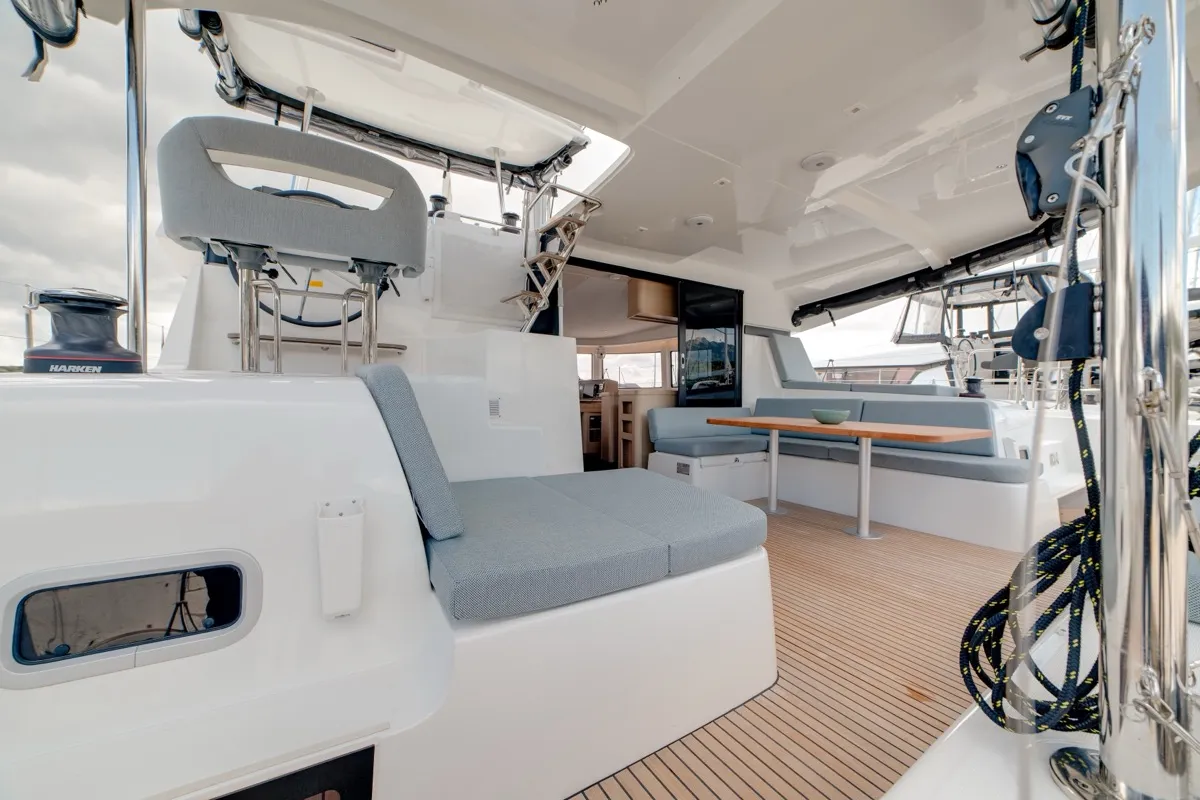 Deck of Arca 42, a Lagoon 42 catamaran at Olbia, Italy