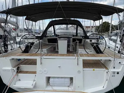 Cockpit of Fuego del Viento, a Dufour 41 sailboat at Grad Trogir, Croatia
