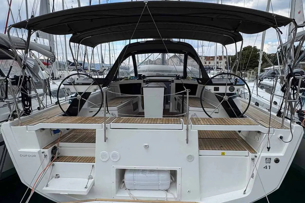 Cockpit of Fuego del Viento, a Dufour 41 sailboat at Grad Trogir, Croatia