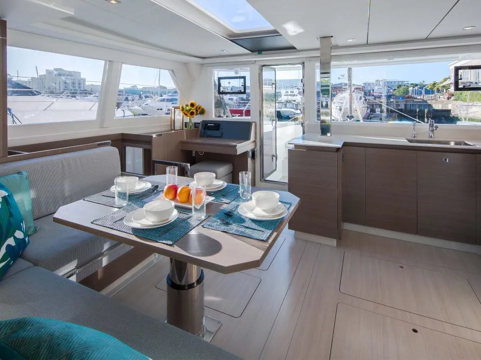 Salon of Moorings 4200/4 Club, a Leopard 42 catamaran at Općina Marina, Croatia