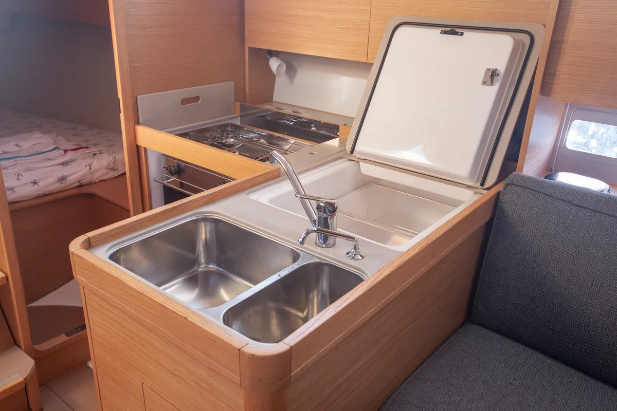 Galley of Nautilus, a Dufour 360 Grand Large sailboat at Marmaris, Turkey