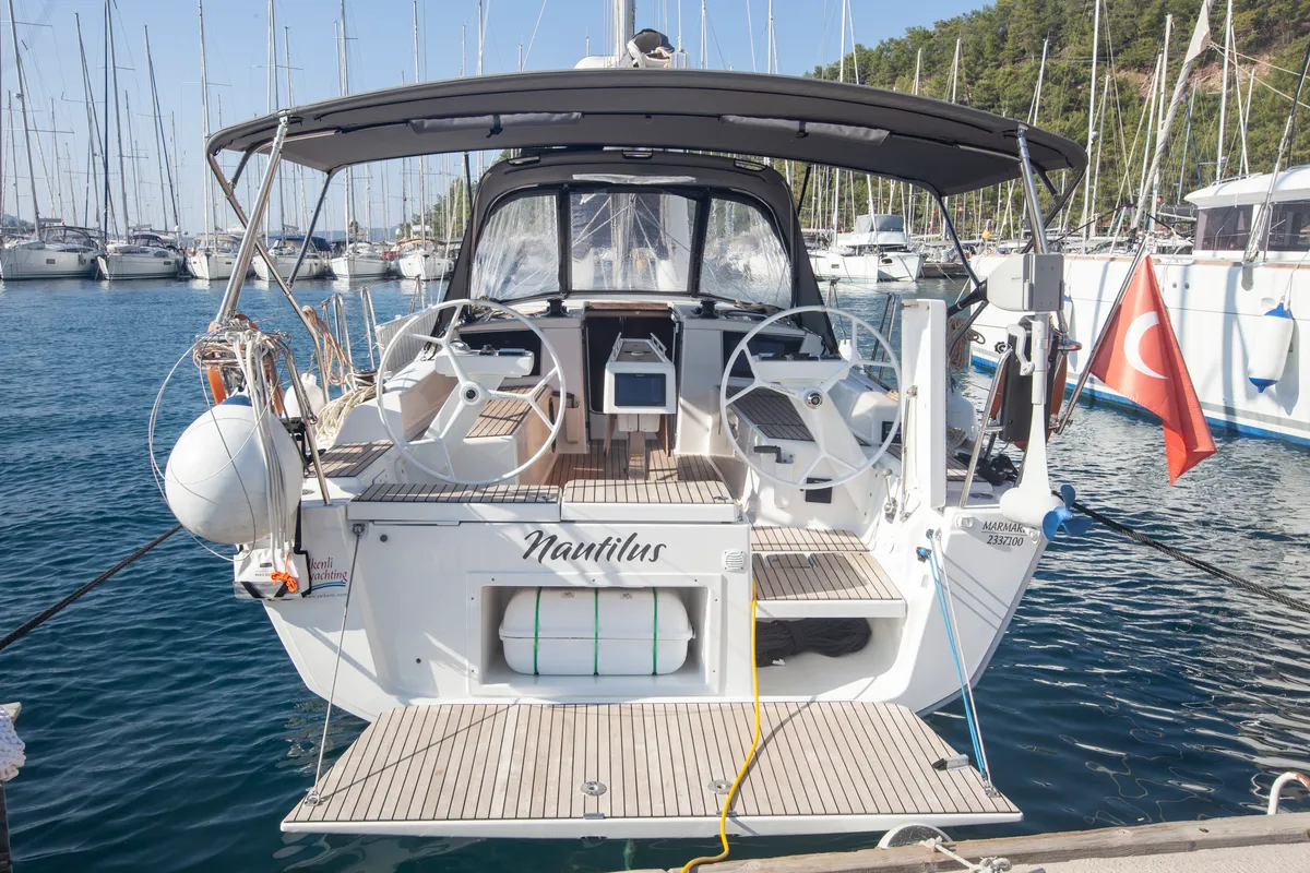 Exterior view of Nautilus, a Dufour 360 Grand Large sailboat at Marmaris, Turkey