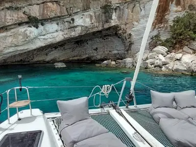 Deck of Elysium crewed - VIP equipped, a Lagoon 42 catamaran at Municipal Unit of Lefkada, Greece
