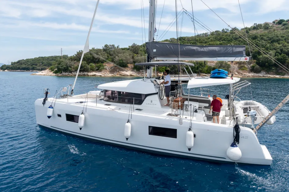 Exterior view of Elysium crewed - VIP equipped, a Lagoon 42 catamaran at Municipal Unit of Lefkada, Greece