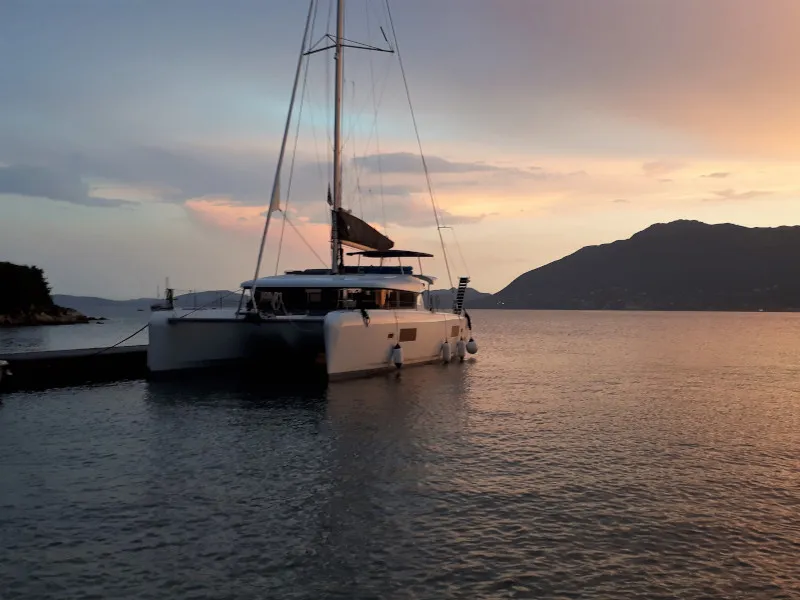 Exterior view of Elysium crewed - VIP equipped, a Lagoon 42 catamaran at Municipal Unit of Lefkada, Greece