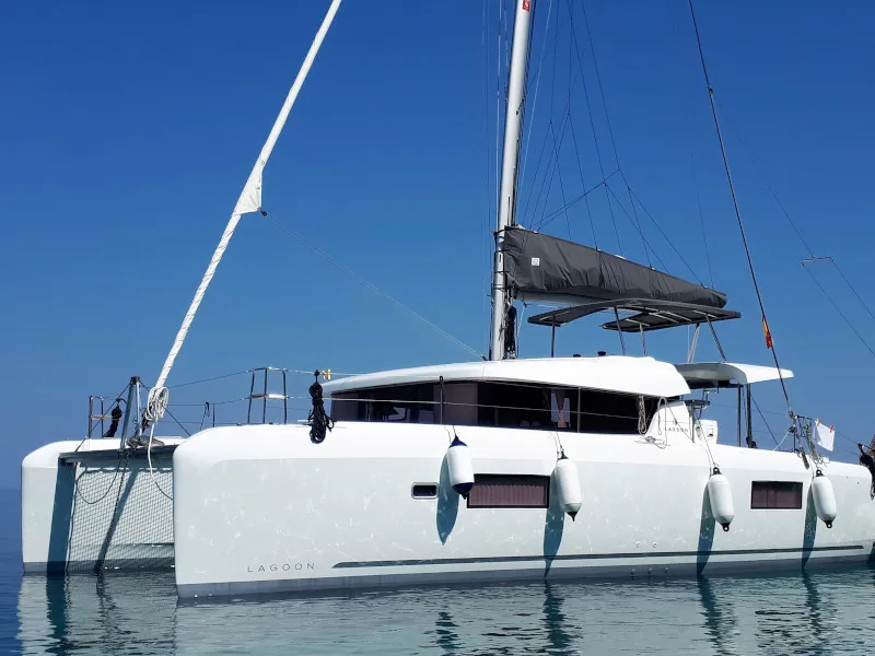 Exterior view of Elysium crewed - VIP equipped, a Lagoon 42 catamaran at Municipal Unit of Lefkada, Greece