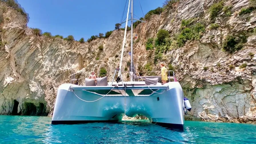 Exterior view of Elysium crewed - VIP equipped, a Lagoon 42 catamaran at Municipal Unit of Lefkada, Greece