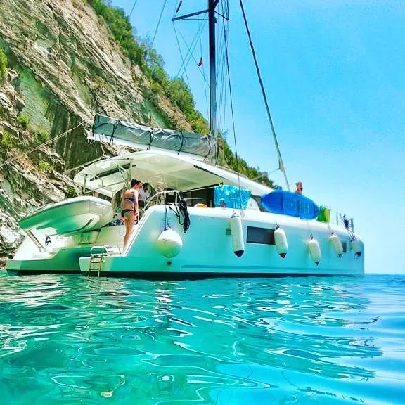 Exterior view of Elysium crewed - VIP equipped, a Lagoon 42 catamaran at Municipal Unit of Lefkada, Greece