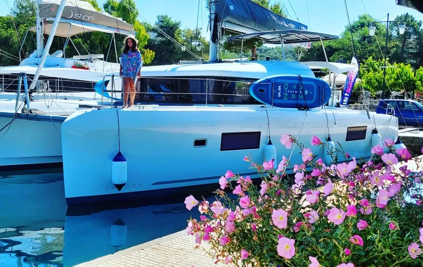 Exterior view of Elysium crewed - VIP equipped, a Lagoon 42 catamaran at Municipal Unit of Lefkada, Greece