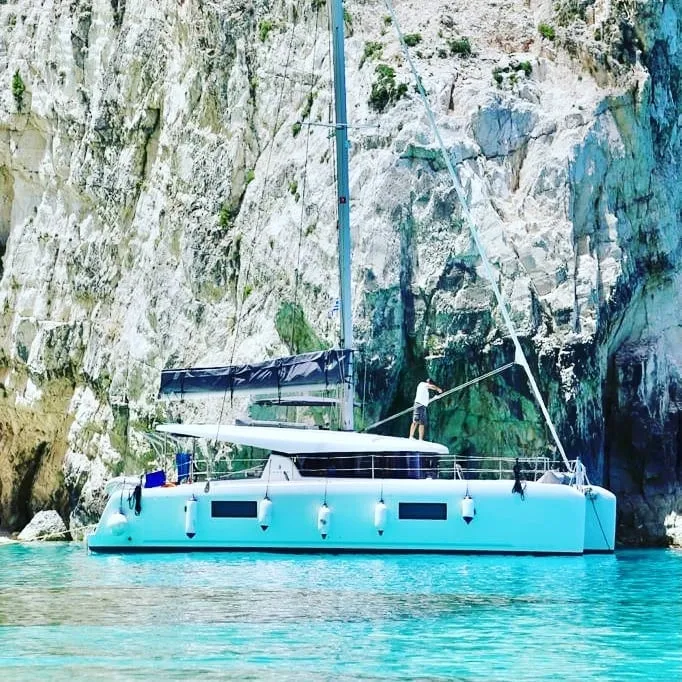 Exterior view of Elysium crewed - VIP equipped, a Lagoon 42 catamaran at Municipal Unit of Lefkada, Greece