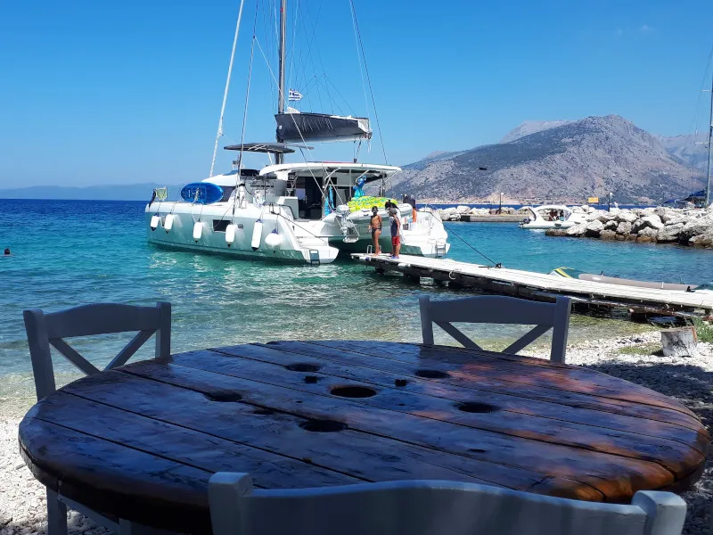 Exterior view of Elysium crewed - VIP equipped, a Lagoon 42 catamaran at Municipal Unit of Lefkada, Greece