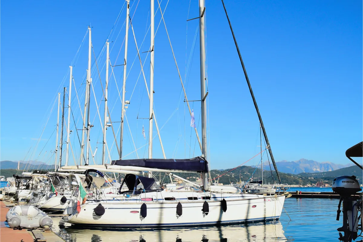 Exterior view of Daphne, a Bavaria Cruiser 50 sailboat at La Spezia, Italy