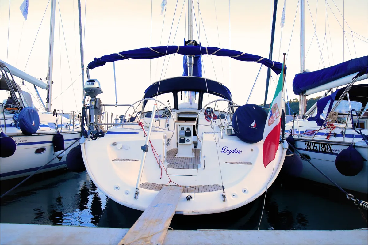 Cockpit of Daphne, a Bavaria Cruiser 50 sailboat at La Spezia, Italy