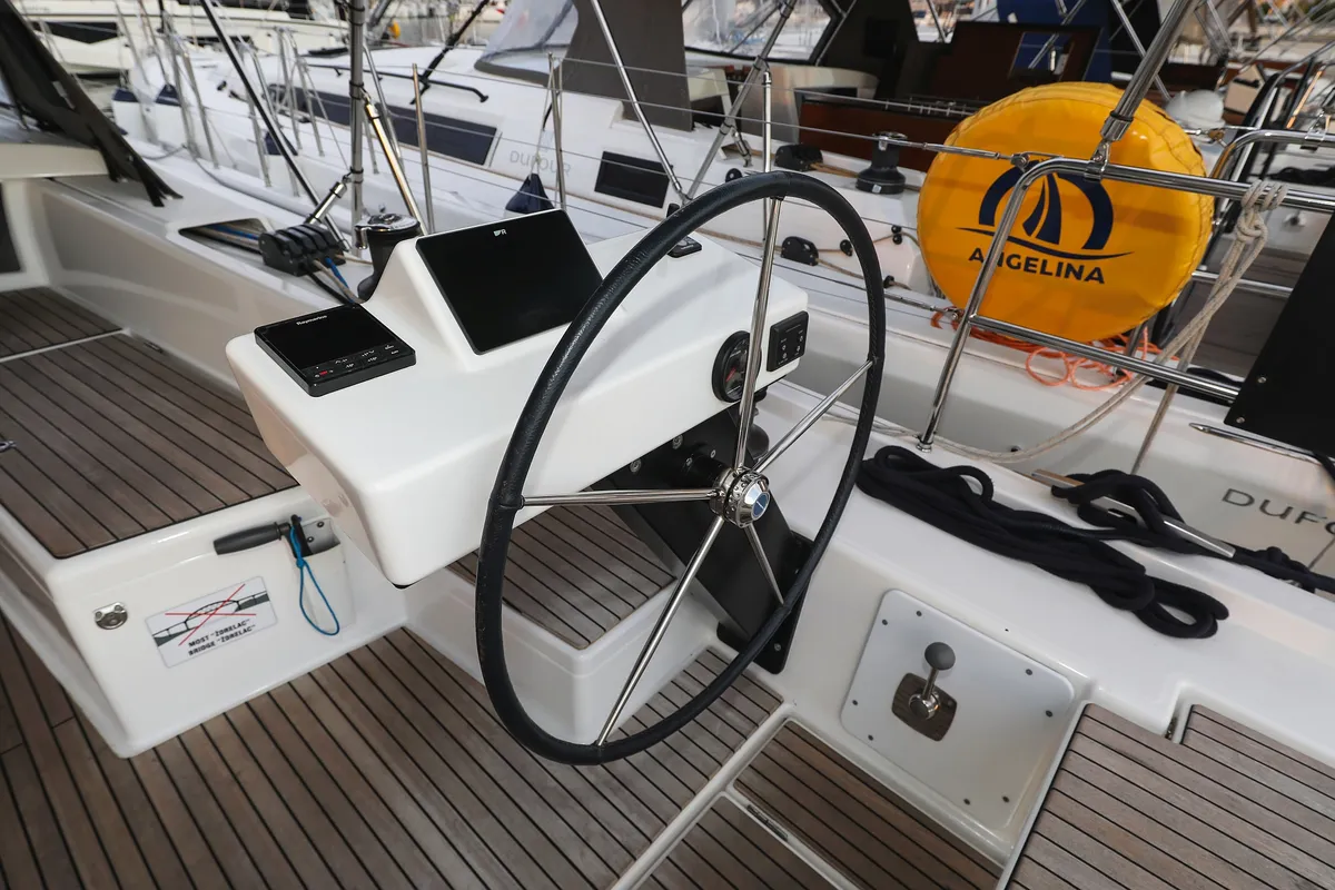 Cockpit of Chill Course, a Dufour 470 sailboat at Grad Trogir, Croatia