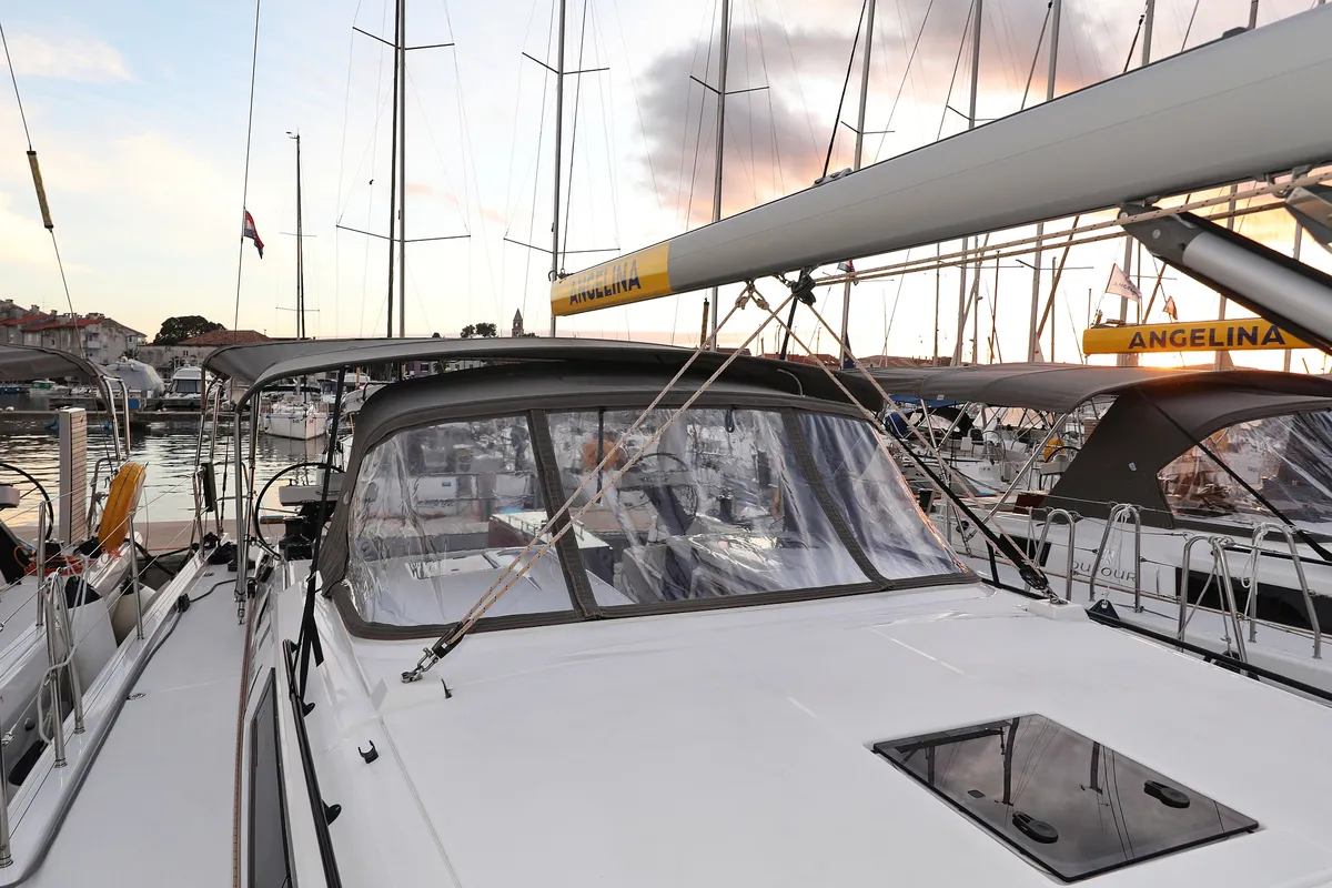 Deck of Chill Course, a Dufour 470 sailboat at Grad Trogir, Croatia