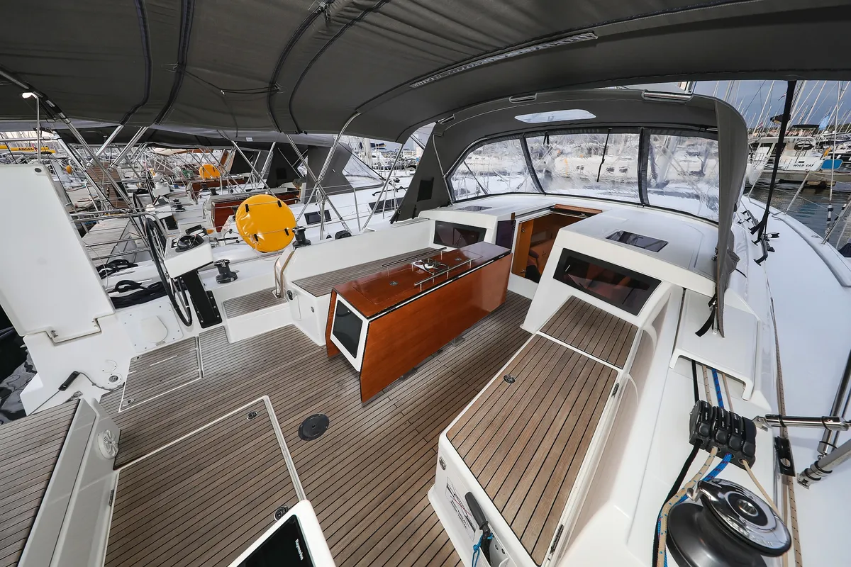 Deck of Chill Course, a Dufour 470 sailboat at Grad Trogir, Croatia