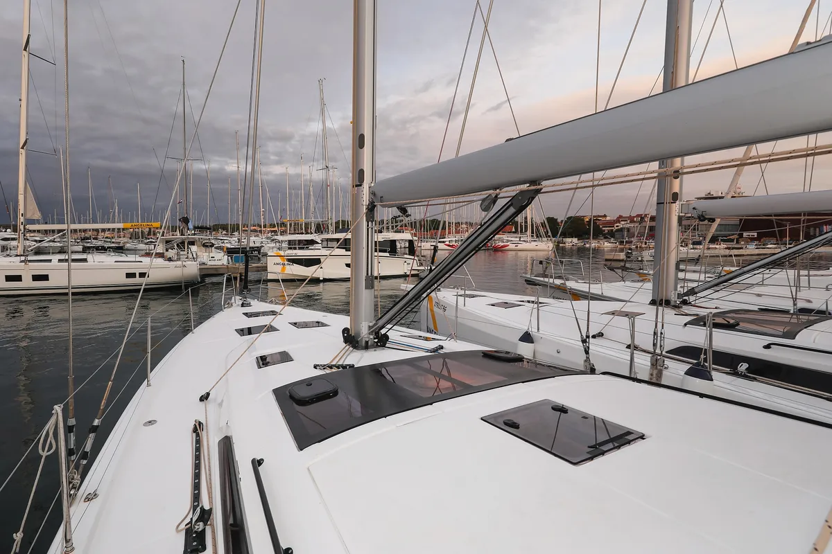 Deck of Chill Course, a Dufour 470 sailboat at Grad Trogir, Croatia