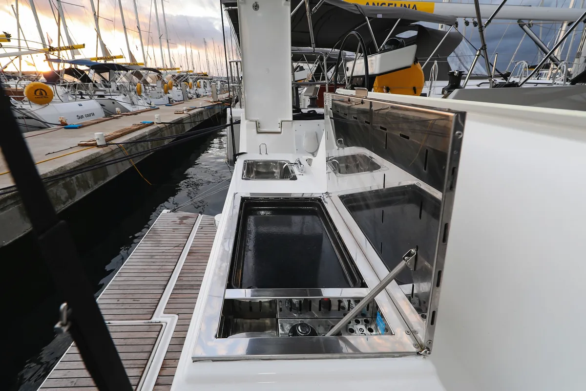 Deck of Chill Course, a Dufour 470 sailboat at Grad Trogir, Croatia