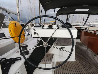 Cockpit of Chill Course, a Dufour 470 sailboat at Grad Trogir, Croatia
