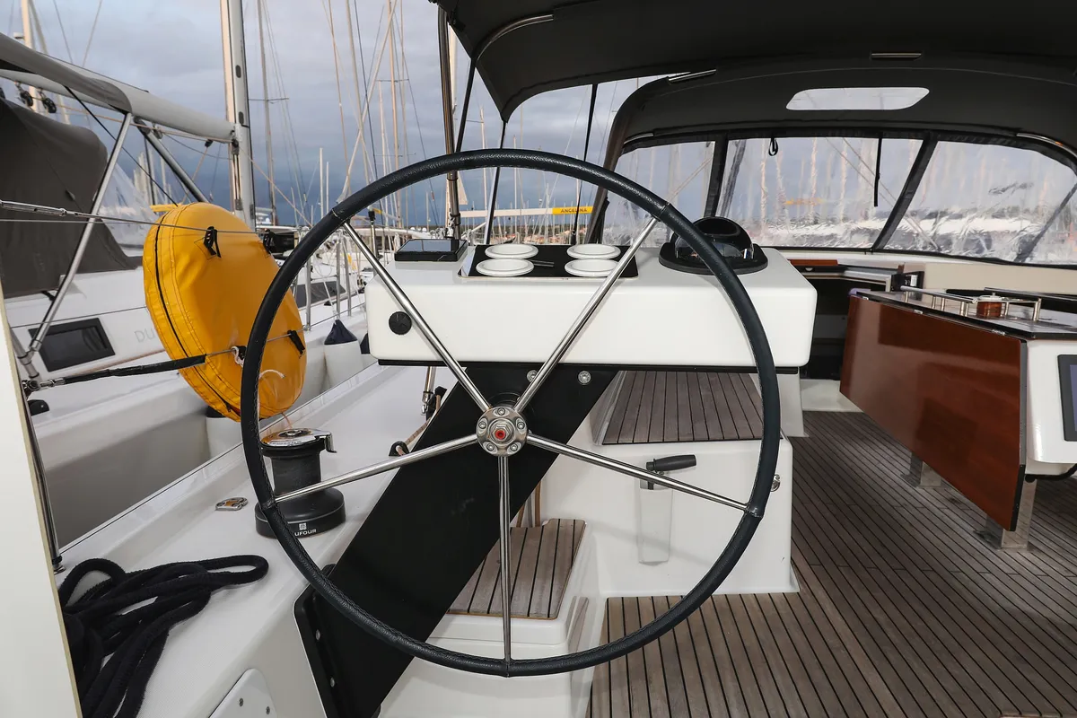 Cockpit of Chill Course, a Dufour 470 sailboat at Grad Trogir, Croatia