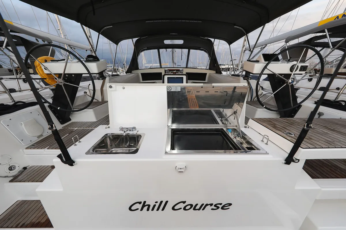 Deck of Chill Course, a Dufour 470 sailboat at Grad Trogir, Croatia