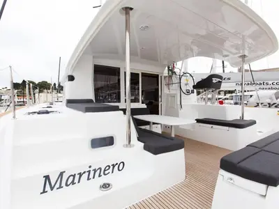 Deck of Marinero, a Lagoon 40 catamaran at Lavrion, Greece