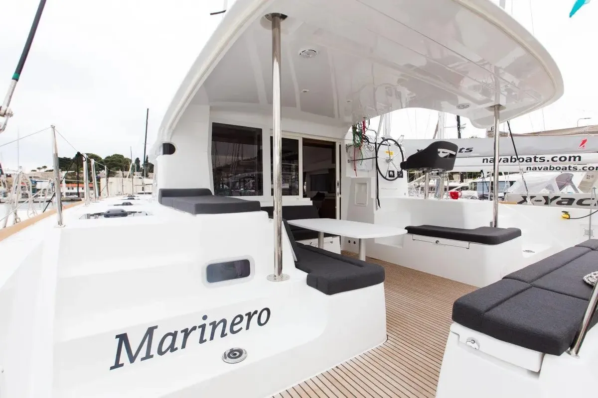 Deck of Marinero, a Lagoon 40 catamaran at Lavrion, Greece