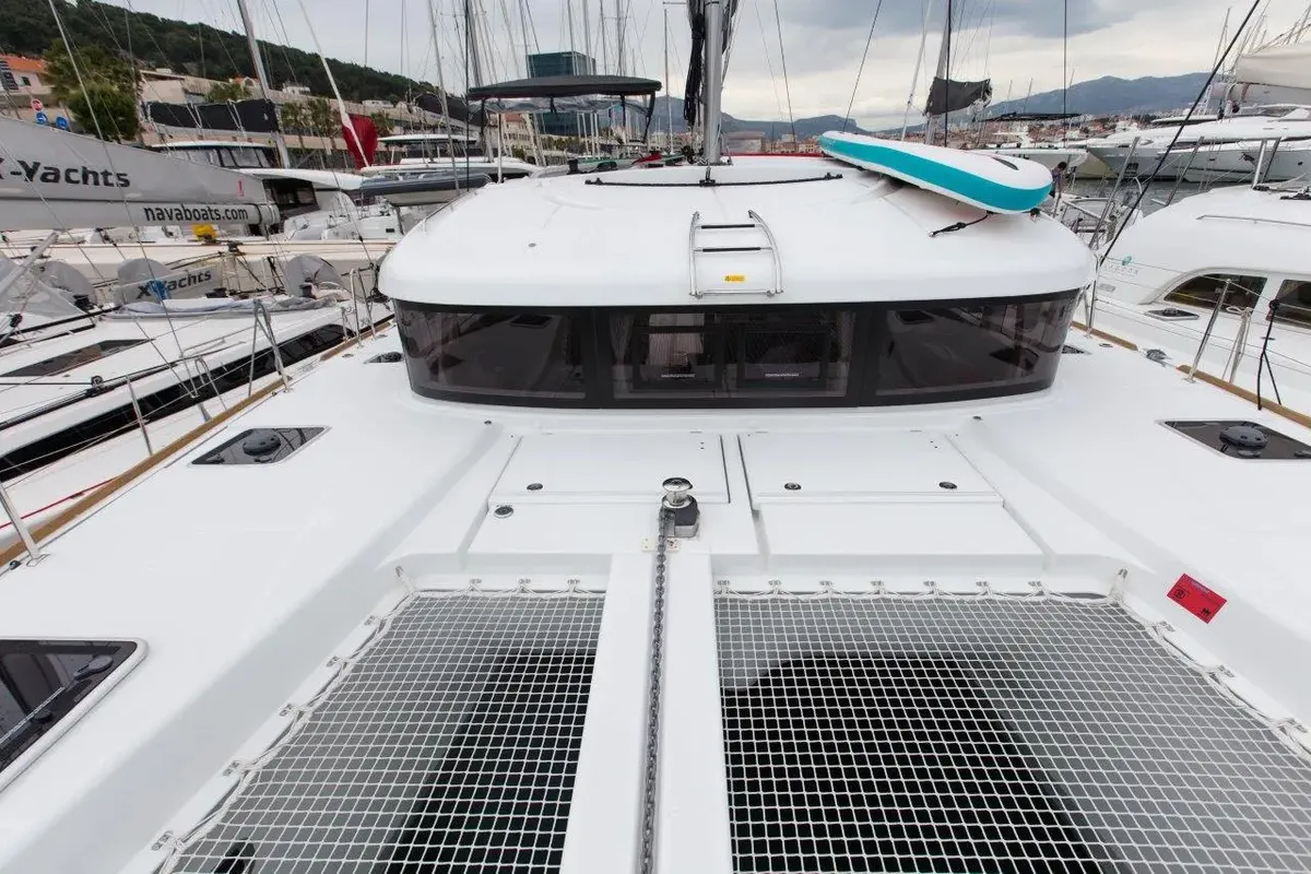 Deck of Marinero, a Lagoon 40 catamaran at Lavrion, Greece