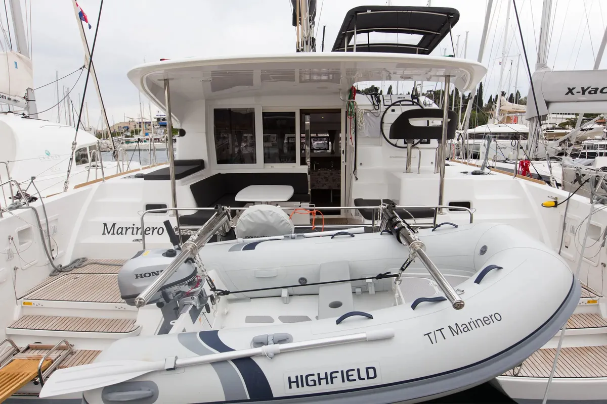 Exterior view of Marinero, a Lagoon 40 catamaran at Lavrion, Greece