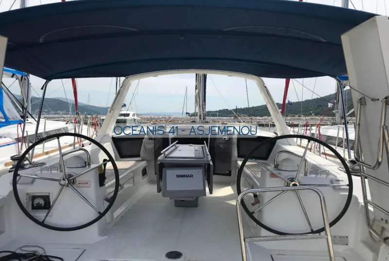 Cockpit of Asjemenou, a Beneteau Oceanis 41 sailboat at Kontokali, Greece