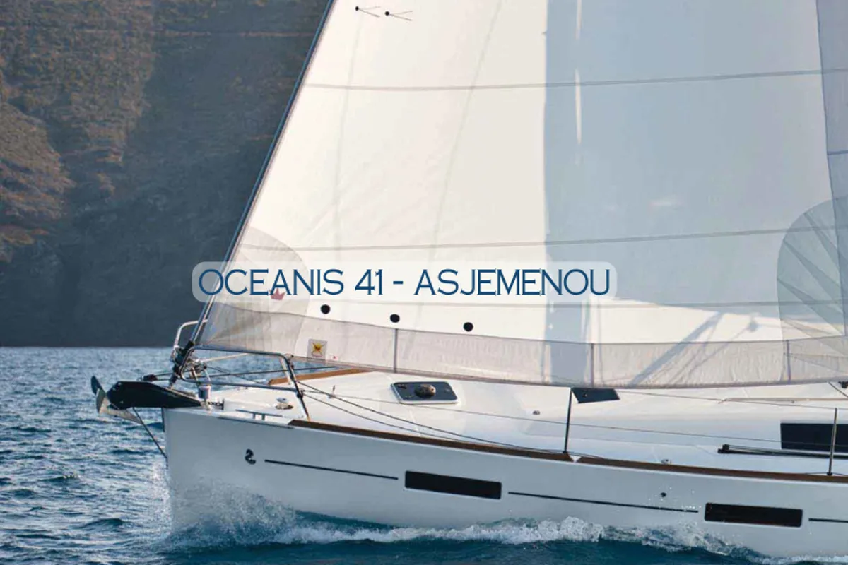 Exterior view of Asjemenou, a Beneteau Oceanis 41 sailboat at Kontokali, Greece