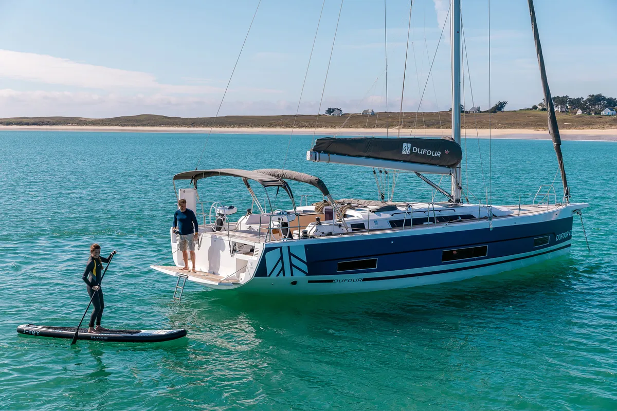 Exterior view of Constantina, a Dufour 470 sailboat at Preveza, Greece