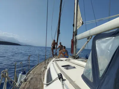 Deck of Epikouros, a Jeanneau Sun Odyssey 45.1 sailboat at Municipality of Kalamata, Greece