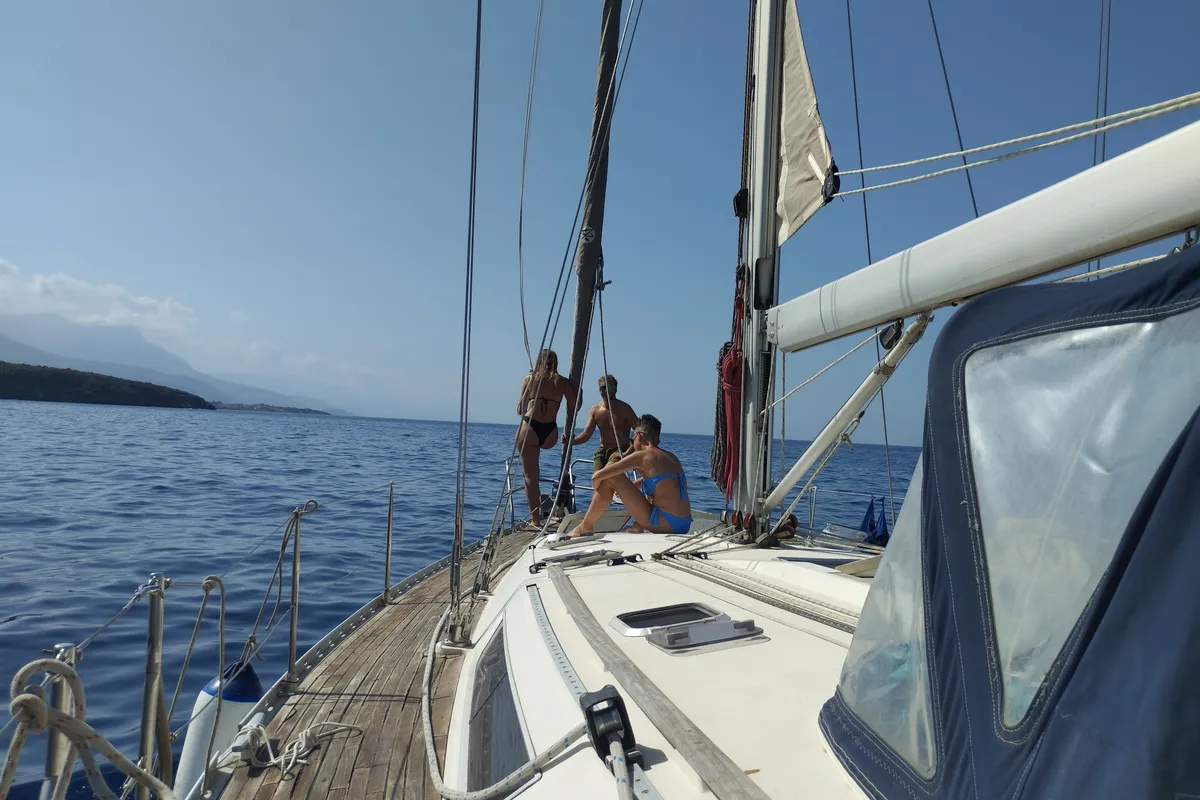 Deck of Epikouros, a Jeanneau Sun Odyssey 45.1 sailboat at Municipality of Kalamata, Greece