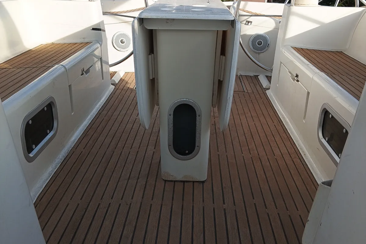 Deck of Epikouros, a Jeanneau Sun Odyssey 45.1 sailboat at Municipality of Kalamata, Greece