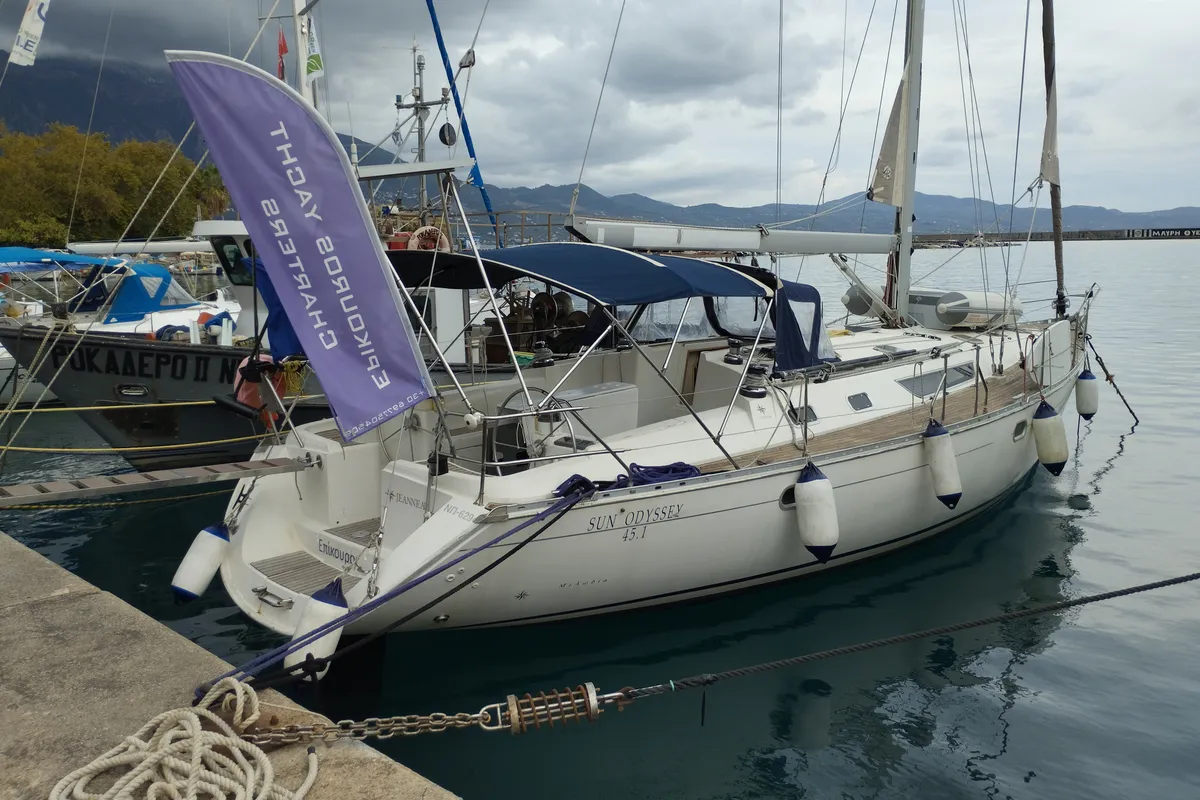 Exterior view of Epikouros, a Jeanneau Sun Odyssey 45.1 sailboat at Municipality of Kalamata, Greece