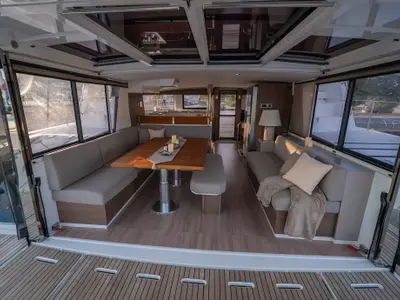 Salon of Second Wind, a Bali 4.6 catamaran at Parikia, Greece