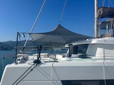 Deck of Second Wind, a Bali 4.6 catamaran at Parikia, Greece