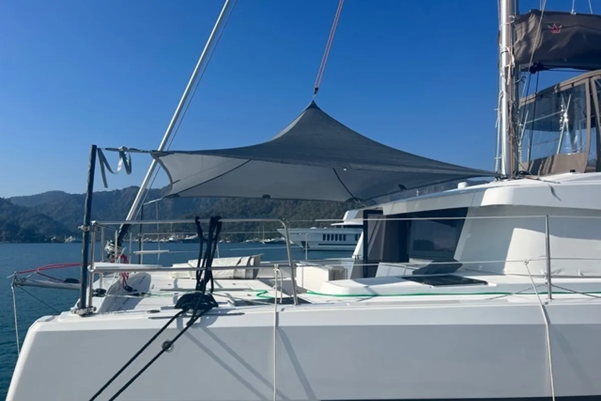 Deck of Second Wind, a Bali 4.6 catamaran at Parikia, Greece